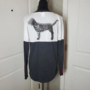 PINK Victoria's Secret Bling Dog Rhinestone Varsity V-Neck T-Shirt Mesh Gray Red